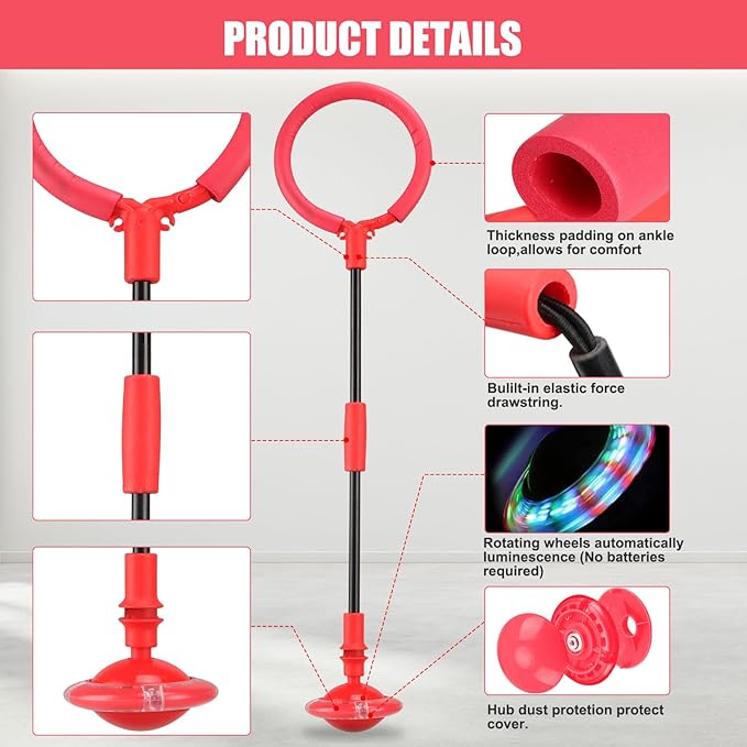 Ankle Skip Ball for Kids - Foldable Flash Wheel Skip Ball, Outside Game Toys for Kids & Adults, Gift for Boys & Girls Age 5 6 7 8 9 10 Years Old, Red