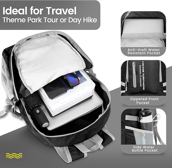 ZOMAKE Lightweight Packable Backpack, 35L Light Foldable Hiking Backpacks Water Resistant Collapsible Daypack for Travel(Black)