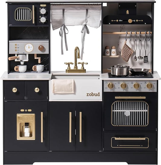 ROBUD Wooden Play Kitchen Set for Kids and Toddlers with Coffee Machine, Ice Maker, Microwave, Oven, Large Cabinet, 12 Accessories, Gift for 3+, Black