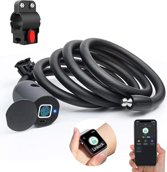Fingerprint Cable Lock, Anweller 4.9FT Long Heavy Duty Anti Theft Bike Lock, Weatherproof Keyless Electronic Digital Biometric Bluetooth Smart Lock for Bicycle Scooter Lawnmower Skateboard - Black