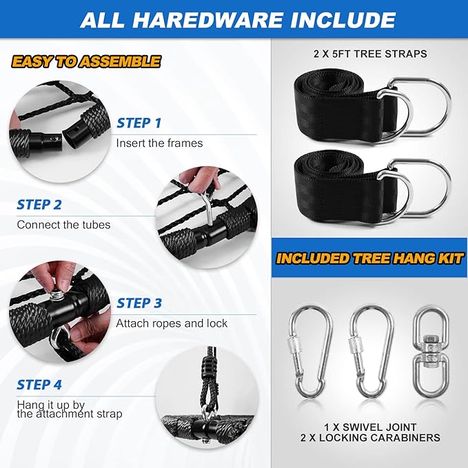 Odoland Spider Web Platform Swing, Outdoor Saucer Net Swings, 900D Oxford for Kids & Adults - Backyard Round Swing with Rope Straps & Turnbuckle, 24in, Black