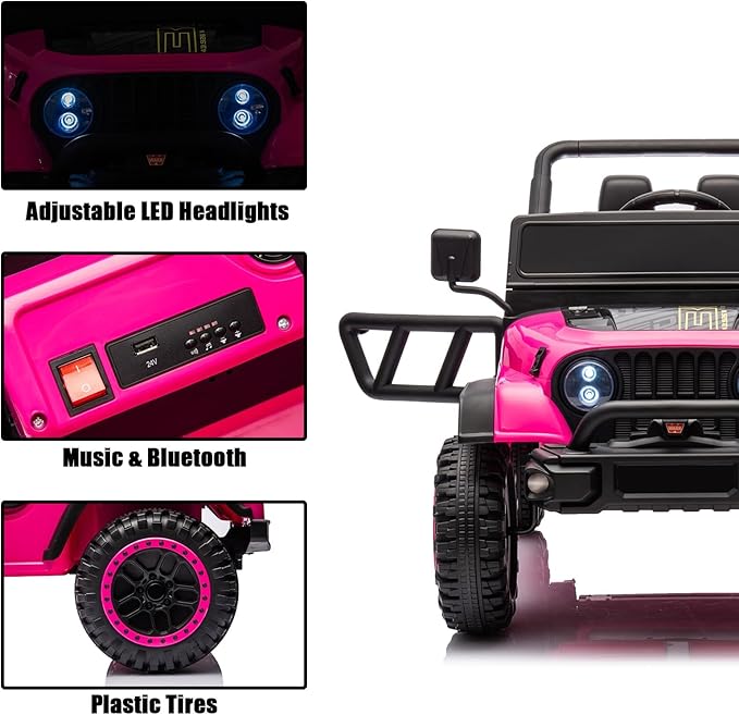 FINITO 24V Ride On Toys, Electric Car for Kids, with Remote Control, LED Lights, Music Player, and Bluetooth Functionality, Suitable as a Gift for Boys and Girls Aged 3+ (Pink)