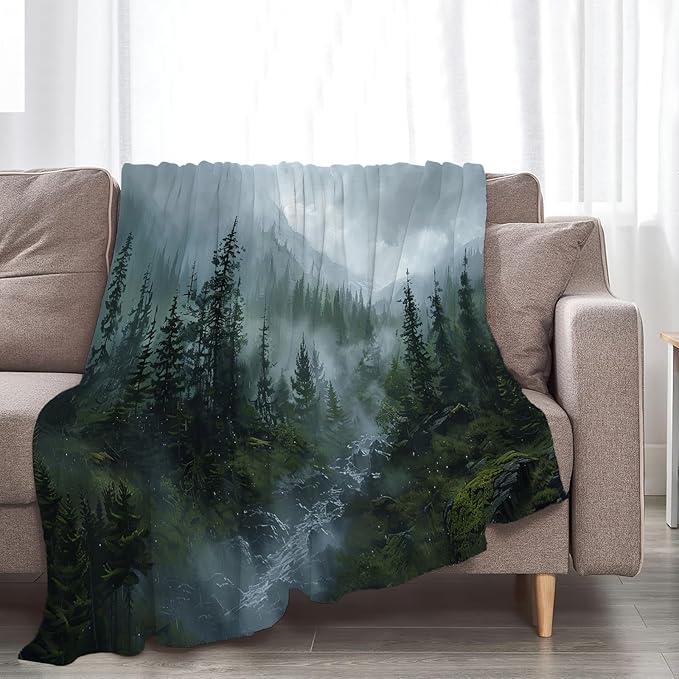 Forest Blanket Misty Mountain Tree Throw Blanket Cozy Plush Fleece Flannel Green Nature Blankets Landscape Party Gifts for Girls Boys Women Men 80"X60"