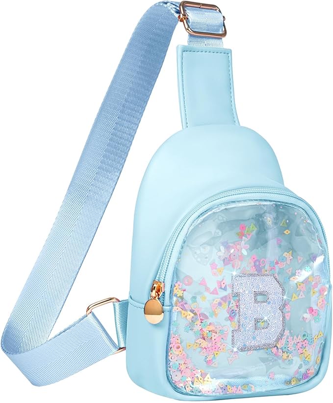 COSHAYSOO Personalized Christmas Birthday Gifts Burr Basket Stuffers for Girls Blue Purse Sling Bag Crossbody Girl Cute Funny Cool Mini Travel Fashion Accessories Monogrammed Initial Letter B