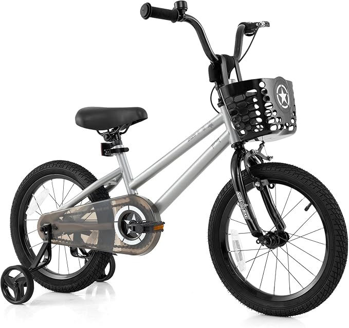 BABY JOY Starry Kids Bike, 12 14 16 18 Inch Bicycle with Training Wheels, Storage Basket, Adjustable Handlebar & Seat, Handbrake & Coaster Brake, Girls Boys Bike