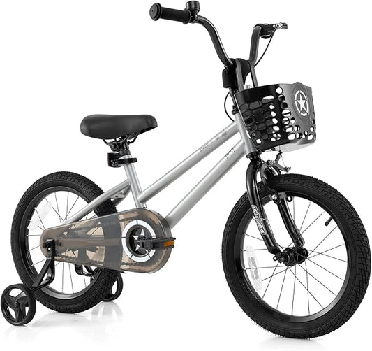 BABY JOY Starry Kids Bike, 12 14 16 18 Inch Bicycle with Training Wheels, Storage Basket, Adjustable Handlebar & Seat, Handbrake & Coaster Brake, Girls Boys Bike