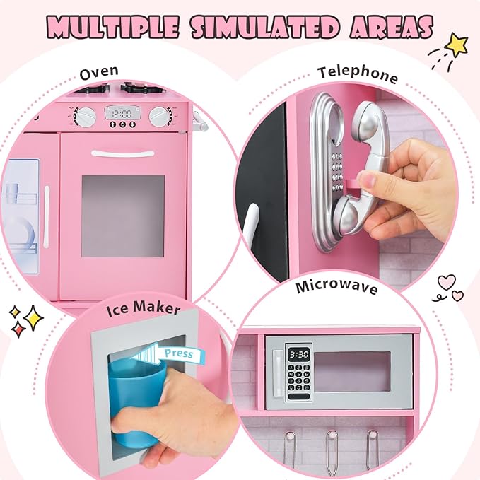 Costzon Kids Kitchen Playset, Wooden Pretend Cooking Toy Set w/Realistic Sound, Large Blackboard, Telephone, Microwave, Ice Maker, Dishwasher, Oven, Storage Space, Play Kitchen for Kids Ages 3+ (Pink)