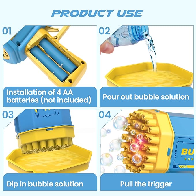 Dolanus Bubble Gun 2 Pack with 2 Bottles Bubble Solution, 40-Hole Light Up Dip Bubble Machine for Kids, Bubble Toy for 3 4 5 6 7 8 Years Old Boys Outdoor Indoor Kid Birthday Wedding Party(2*Blue)