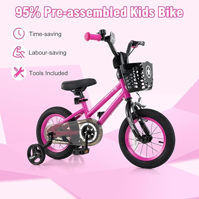 BABY JOY Starry Kids Bike, 12 14 16 18 Inch Bicycle with Training Wheels, Storage Basket, Adjustable Handlebar & Seat, Handbrake & Coaster Brake, Girls Boys Bike