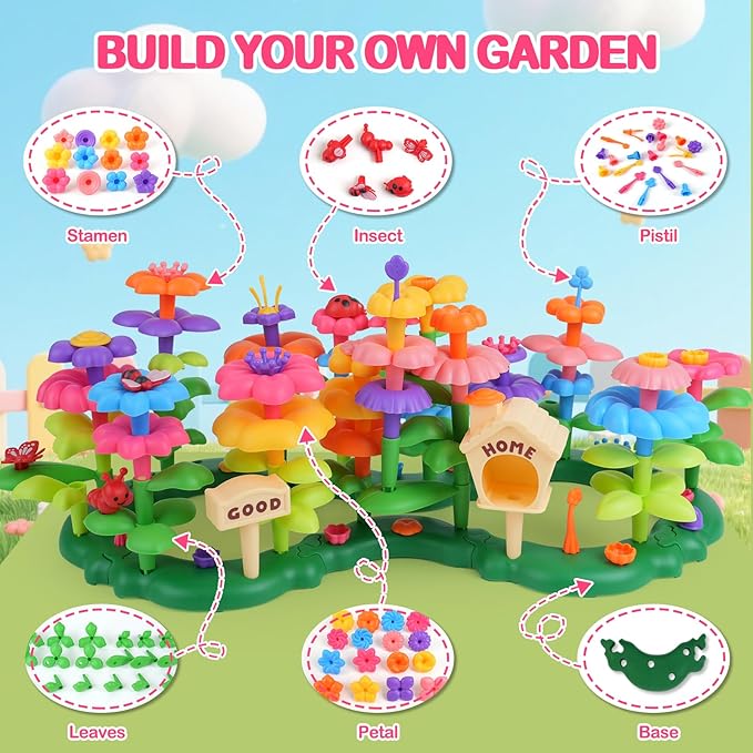 Flower Garden Building Toys for 3-7 Year Old Girls - Best Birthday Gifts for Toddler Ages 3-5 5-7, Educational Kit with 120+ Pieces, Stacking Pretend Play Set for Preschool Kids