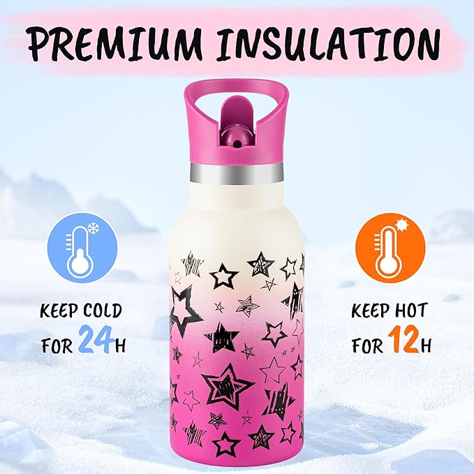 12oz Kids Water Bottle – Insulated Stainless Steel Bottle with Straw Lid, BPA-Free, Leak-Proof, for Toddlers & School Use