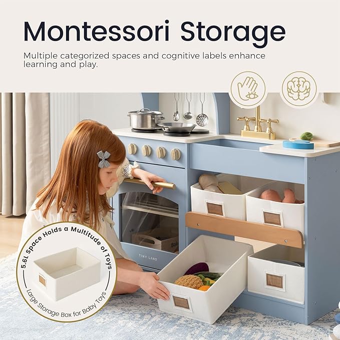 Tiny Land Play Kitchen for Kids, Wooden Toy Kitchen Set with Storage & Accessories, Toddler Kitchen Playset with Stove & Sink, Kids Kitchen Playset Gift for Ages 3-8