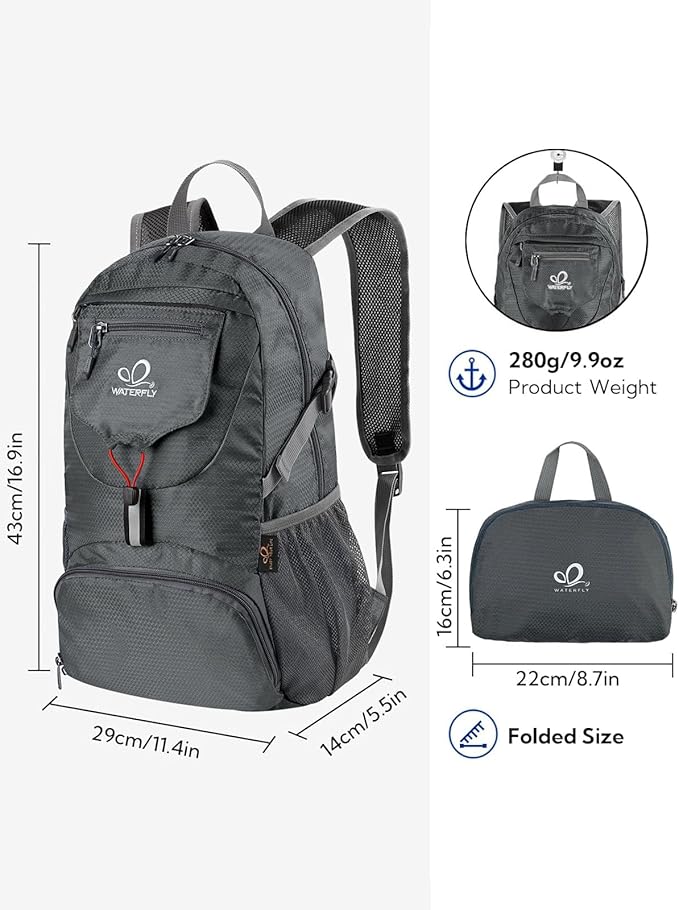 WATERFLY Small Lightweight Packable Backpack: 20l Ultra Light Foldable Travel Hiking Camping Daypack Day Pack for Man Woman