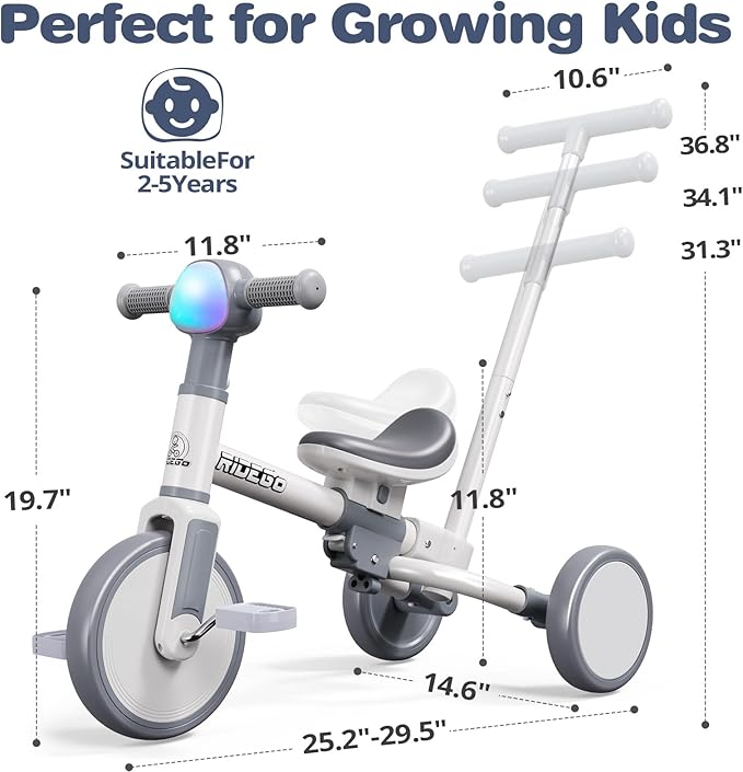 Ridego 5-in-1 Tricycle for Toddlers 2-5 Year Olds, Kids Balance Bike & Toddler Push Bike with Parent Handle, RGB Music Light, Tool-Free Assembly Birthday Gift for Boys Girls