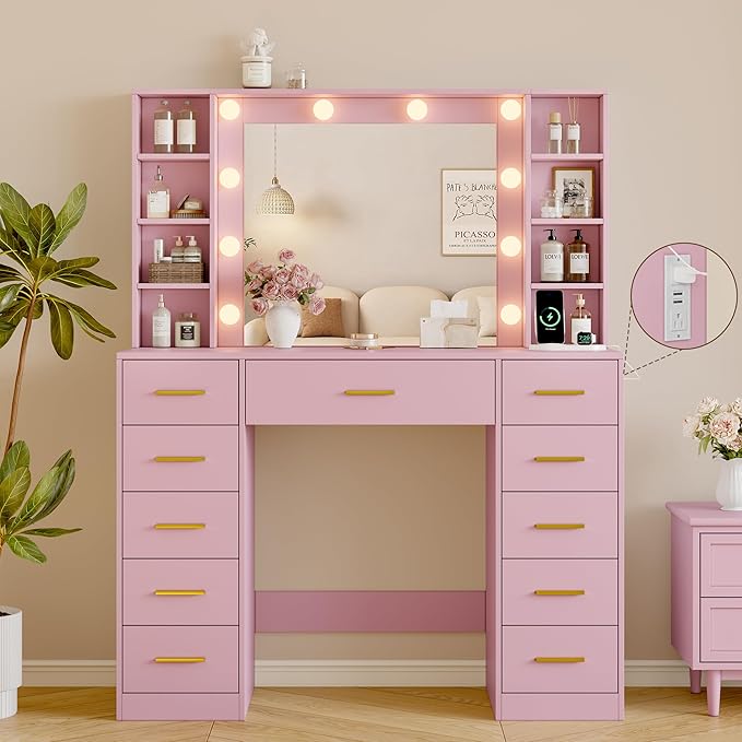 Makeup Vanity with Drawers, 43" Pink Vanity Desk with Mirror and Lights, 11 Drawers & 4 Shelves, Power Outlet & Adjustable LED Lights, Dressing Table for Women & Girls Bedroom
