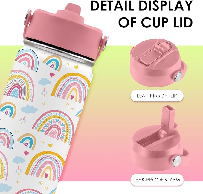 16oz Rainbow Tumbler Cup with Handle and Straw - Pink Stainless Steel Water Bottle for Women Men - Insulated Double Wall Travel Mug, Sweatproof, Non-Slip Base - Birthday Gift Ideas