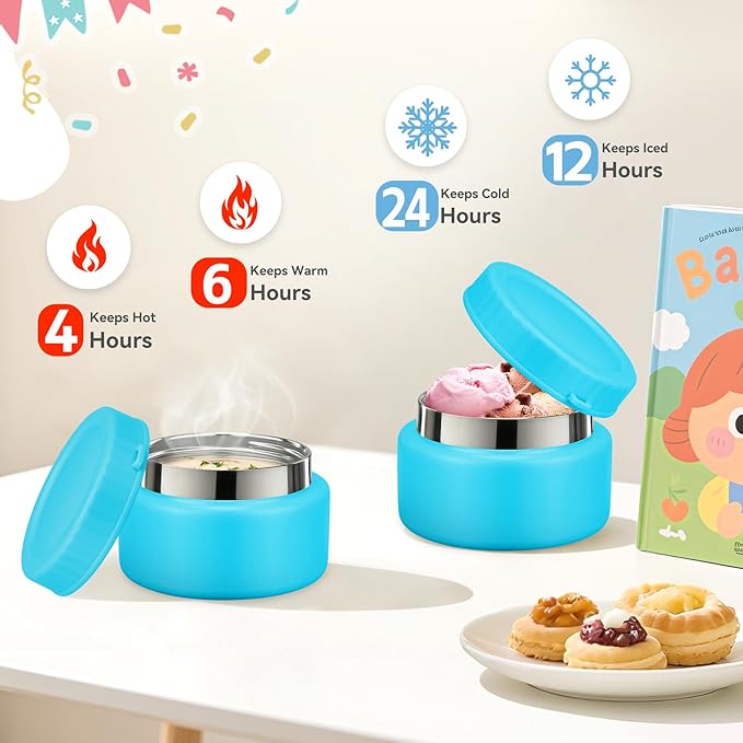 Kids Bento Lunch Box with 8oz Soup Thermo, Kids Leakproof Lunch Food Containers with 4 Compartment,Insulated Hot Food Jar with Lunch Bag for School, Travel (Blue-No lunch bag)