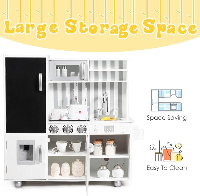 HONEY JOY Kids Kitchen Playset, Wooden Little Chef Pretend Play Kitchen Set w/Chalkboard & Water Dispenser, Stove, Storage Cabinet, Turning Knob, Play Kitchen for Toddlers, Gift for Boys Girls 3+