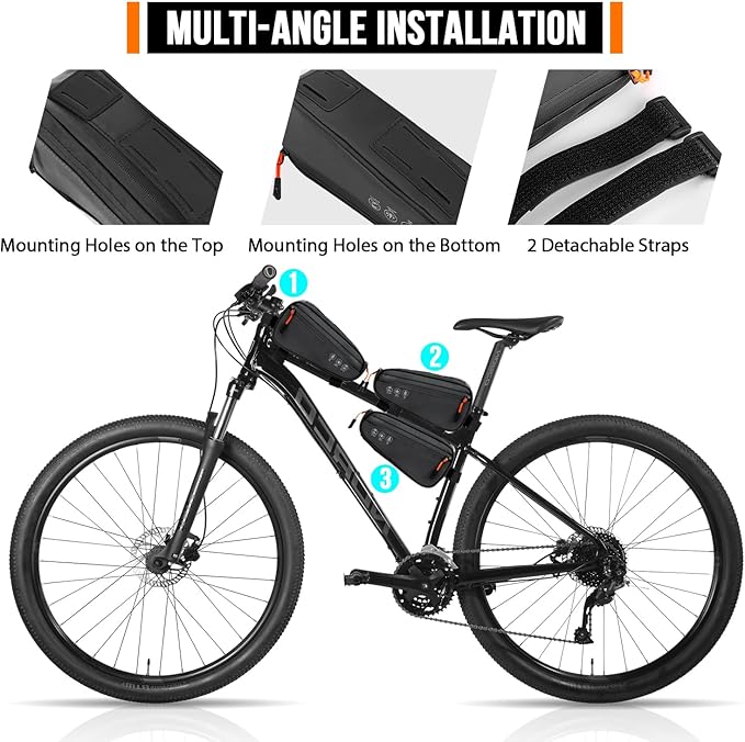 WOTOW Bike Frame Bag - 3 Ways Installation Water Resistant Reflective Bicycle Top Tube Bag with Two Side Pockets, Ebike Cycling Triangle Bag Pouch Accessories for MTB Road Travel (1.2L)