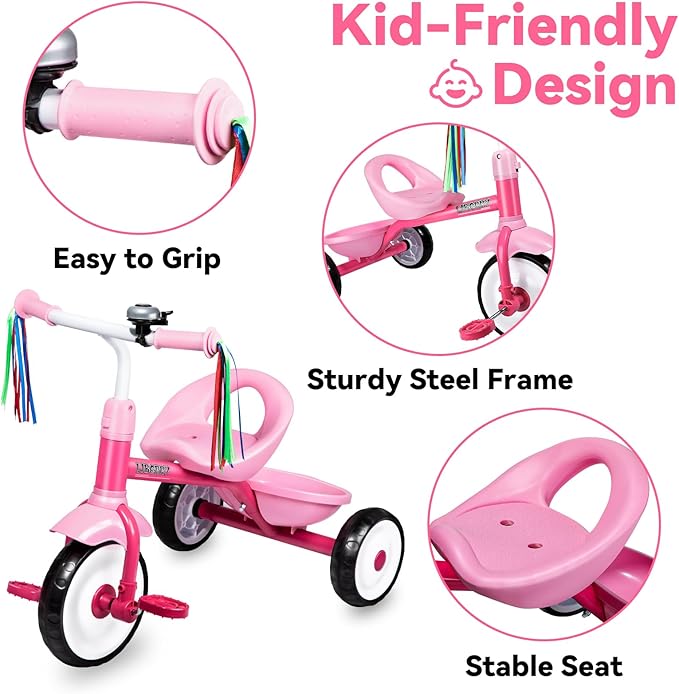 Liberry Toddler Tricycle Age 2 3 4 Years Old, Kids Trike with Bell, Back Basket and Removable Pedal, 3 Wheel Bike Birthday Toys Gift for Boys Girls, Pink