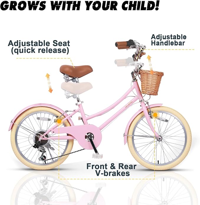 Glerc 20 24 26 Inch Beach Cruiser Bike, 6-Speed Hybrid City Bicycle for Girls Youth and Over 6 Years Old, Missy Bike with Wicker Basket & Lightweight, Multiple Colors
