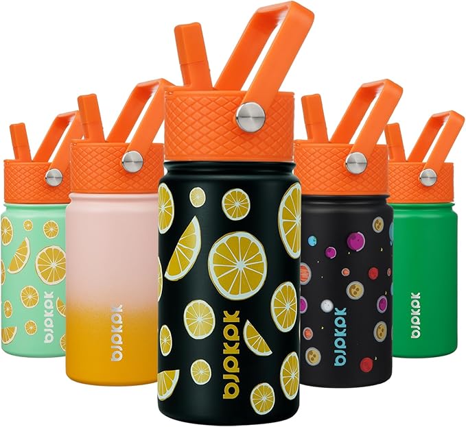 BJPKPK Insulated Water Bottle with Straw Lid, 15 oz Stainless Steel Metal Water Bottles, Reusable Leak Proof BPA Free Thermo, Flask, Cups - Lemon