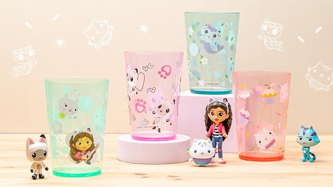 Zak Designs DreamWorks Gabby's Dollhouse Nesting Tumbler Set for At Home, 14.5oz Non-BPA Plastic Cups, 4-Pack (Gabby, Pandy Paws, Cakey Cat, Mercat, Kitty Fairy, Baby Box)