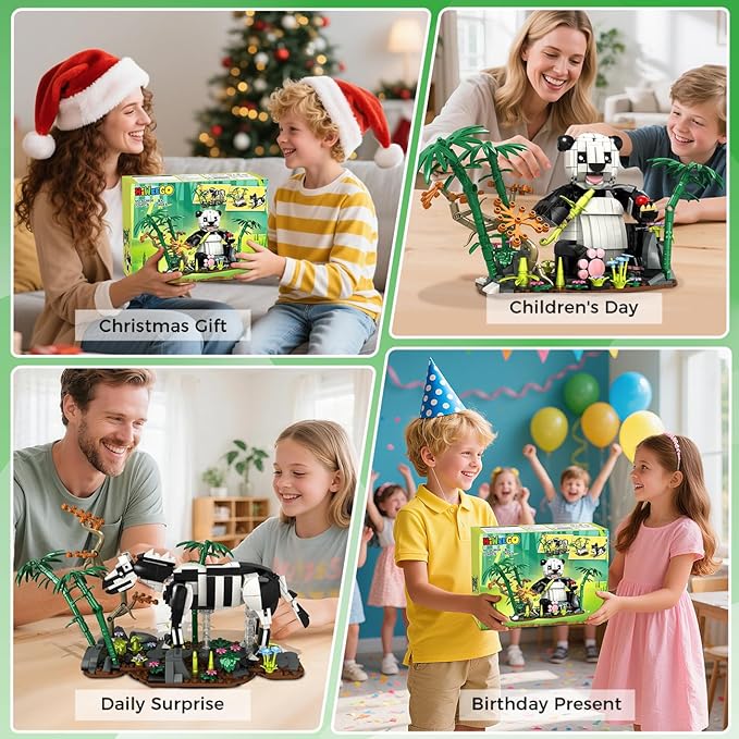 3 in 1 Wild Animals Panda Building Set - Animal Figures with 3 Building Options Panda Cat Zebra, 724 PCS Building Block Toy Home Office Decor Birthday for Kids Boys Girls 9-12+
