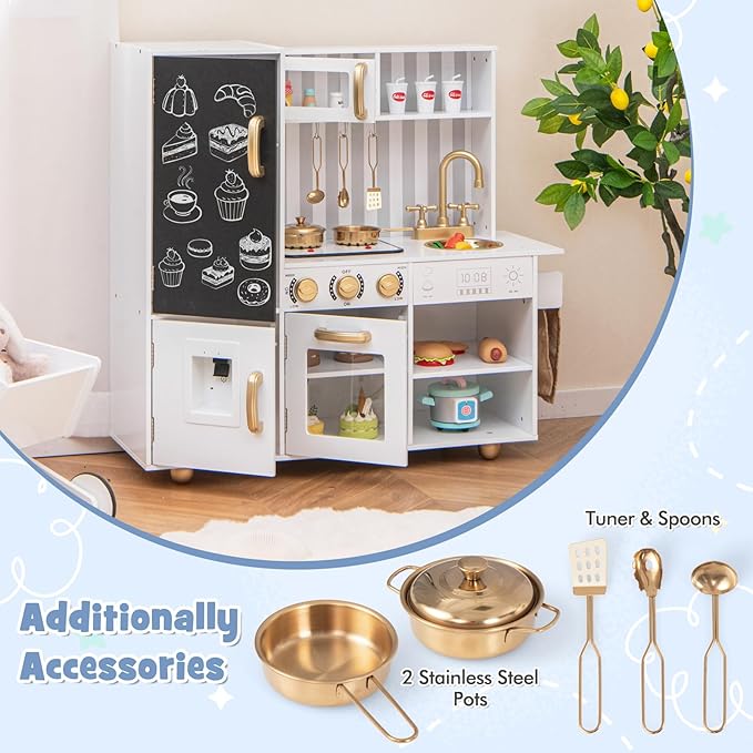 HONEY JOY Kids Kitchen Playset, Wooden Little Chef Pretend Play Kitchen Set w/Chalkboard & Water Dispenser, Lighted Stove, Storage Cabinet, Utensils, Play Kitchen for Toddlers, White + Golden