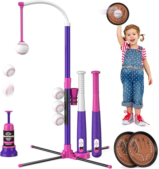 4 in 1 T Ball Sets for Kids 3-5 with Toss and Catch Ball Set, Hanging Tee Stand with Auto Pitching Machine/ 2 Bats, Indoor Outdoor Toys Baseball Gifts for Toddler Boys Girls, Purple