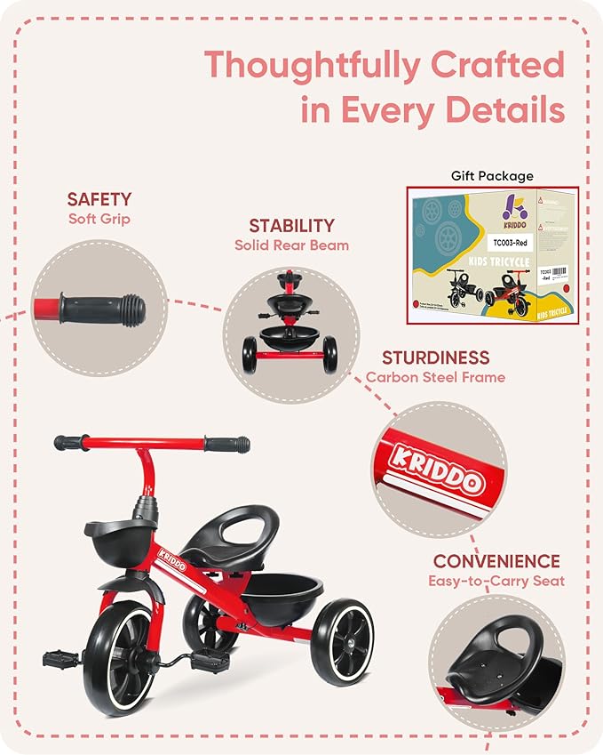 KRIDDO Kids Tricycles Age 24 Month to 4 Years, Trike for 2.5 to 5 Year Old, Gift Tricycles for 2-4 Year Olds, Trikes for Toddlers, Red