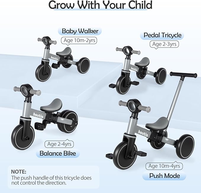 5 in 1 Kids Tricycle for Toddlers 1-3 Baby Balance Bike Toy for 1-4 Years Old Boys Girls Gift with Push Handle & Removable Pedals, Gray (No Parent Steering Version)