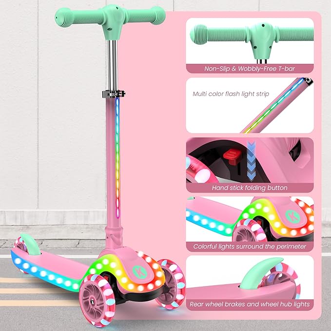 2-in-1 Adjustable Kick Scooter for Kids 3-5 (Suitable 3-12 Years),5-Level Handlebar & Removable Seat, LED Light-Up Wheels, Wide Deck, Foldable Design for Indoor/Outdoor Use - Girls & Boys