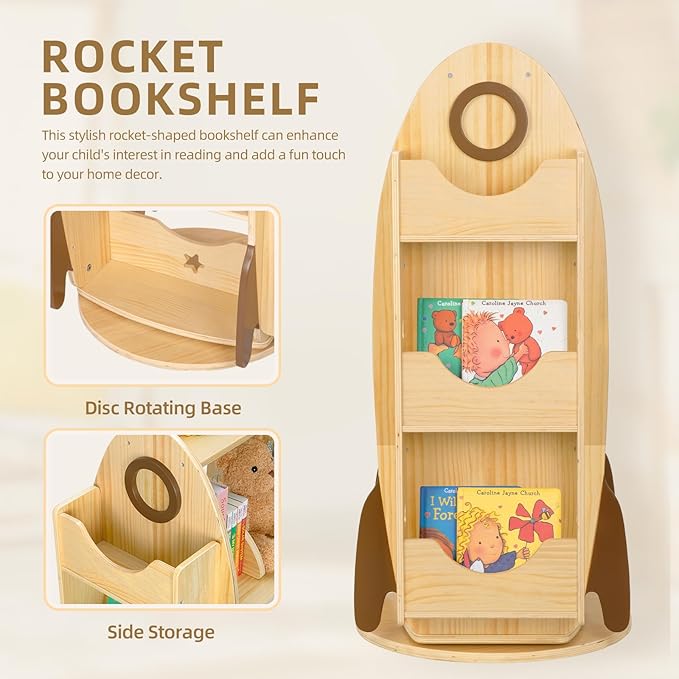 OOOK Rocket Rotating Bookshelf for Kids, 360 Display Spinning Bookshelf Tower with Large Capacity Design, Montessori Toy Shelf for Kids Rooms, Classroom, Play Room