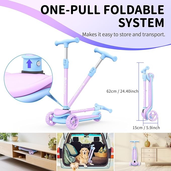 BELEEV A8 Scooter for Kids Ages 3-12, 3 Wheel Folding Scooter for Toddlers Girls Boys, LED Light-Up Wheels, 4 Adjustable Height, Lean to Steer, Extra Wide Wheels, Three Wheel Kick Scooter for Children