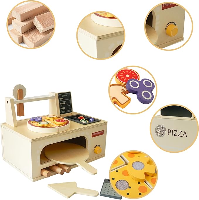 Wooden Pizza Toy Playset for Kids Ages 3–5, Montessori Pretend Play Food & Wooden Kitchen Playset with Easy Bake Oven, Slice & Serve Pizza Maker Toy, Educational Cooking Gift for Boys and Girls