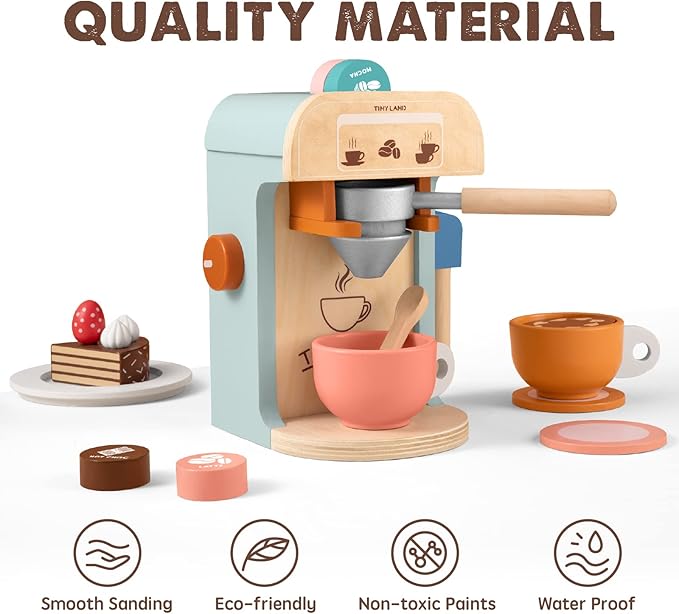 Tiny Land Kids Coffee Maker Wooden Kitchen Toys - 17Pcs Toy Coffee Maker Playset - Wooden Play Toys, Play Kitchen Accessories for Girls & Boys