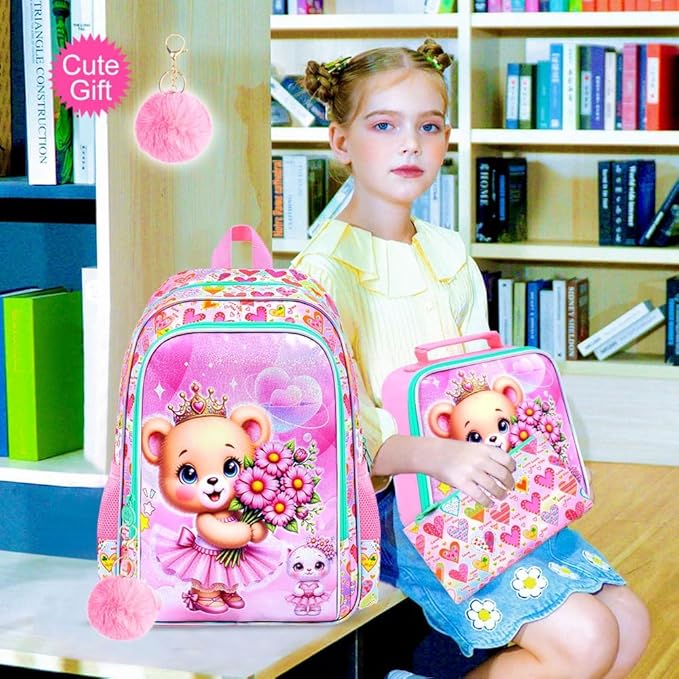 CCJPX 16" Bear Backpack for Girls, 3Pcs Kids Bookbag with Lunch Box, Water Resistant Elementary School Bag for Kindergarten Preschool Toddler (Pink)