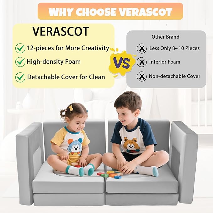 12Pcs Modular Kids Play Couch Multifunctional Foam Toddler Sofa Convertible Kids Sofa Playroom Bedroom Furniture Floor Foam Explorer Couch with Building Fort Feature for Boys and Girls (light gray)
