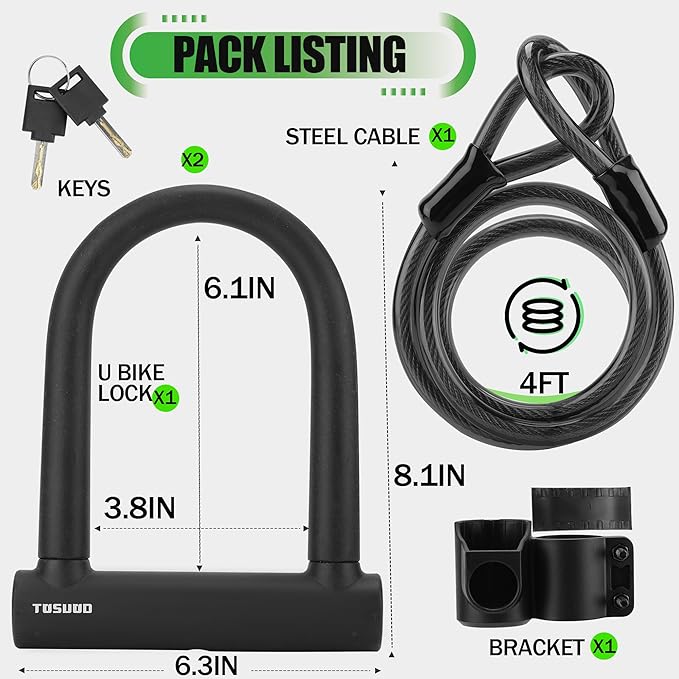 Oversized Bike U Lock Set Heavy Duty Anti Theft Bike Lock with 4FT Steel Cable Bicycle U Lock with Keys Mounting Bracket for Road, Mountain, Electric & Folding Bike