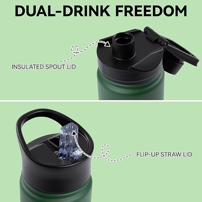 16 oz Insulated Water Bottle for School, Straw & Spout Lid, Keep Cold 24H, Spill Proof, BPA-Free, Double Wall Stainless Steel Kids Water Bottles for Sports, Gym, Travel, Dark Green