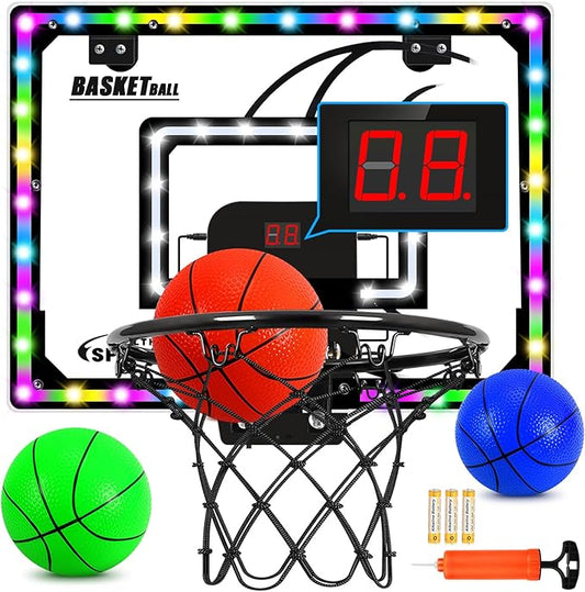 AOKESI Mini Basketball Hoop Indoor with Scorer and Batteries|Inside Basketball Hoop Over The Door with Colorful LED Lighting|Toy Basketball Gifts for Boys Girls Teens Adults, Black