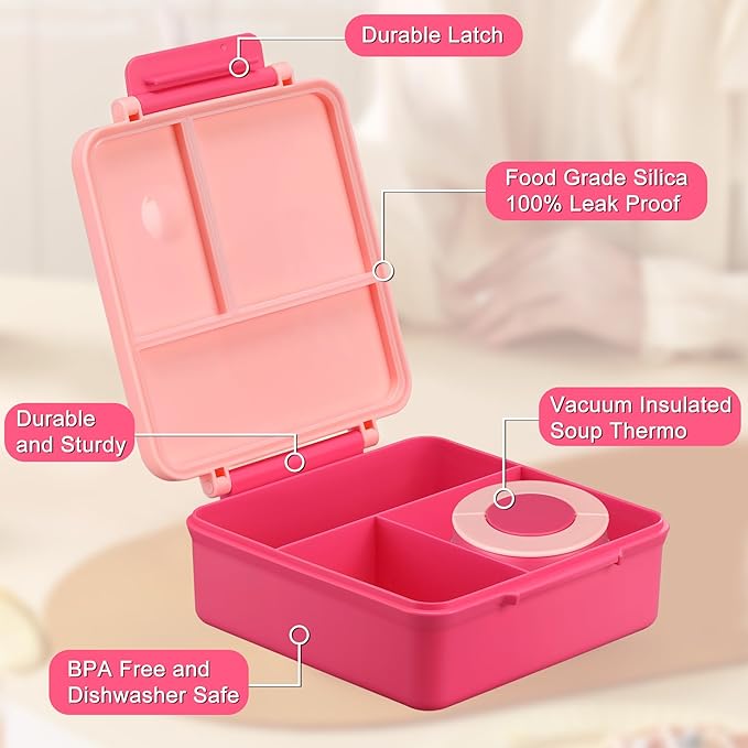 Itslife Bento Lunch Box for Kids with 8oz Soup Thermo&Lunch Bag, Leak-Proof Lunch Food Containers with 4 Compartment, Hot Food Insulated Food Jar for Kids School (Pink)