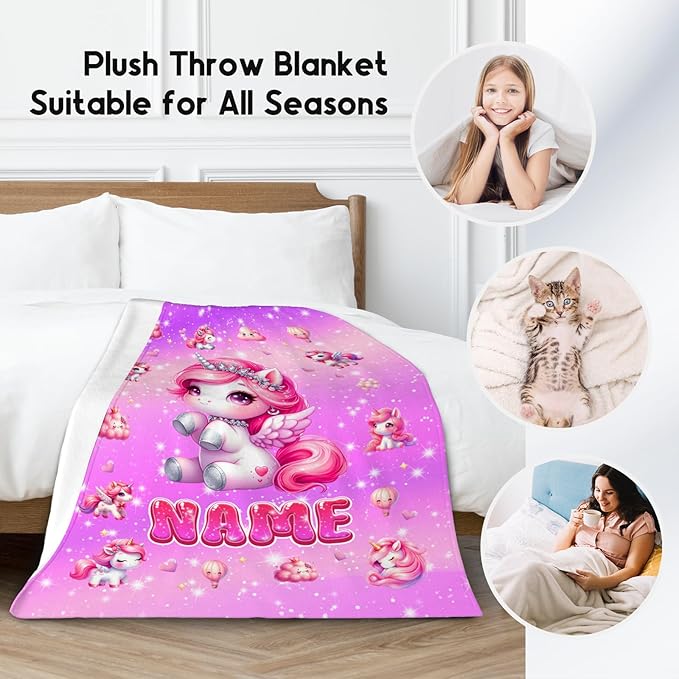 Unicorn Blanket for Girls - Personalized Kids Blankets Gift - Soft Flannel Throw for Couch, Sofa Bed, 4 Size
