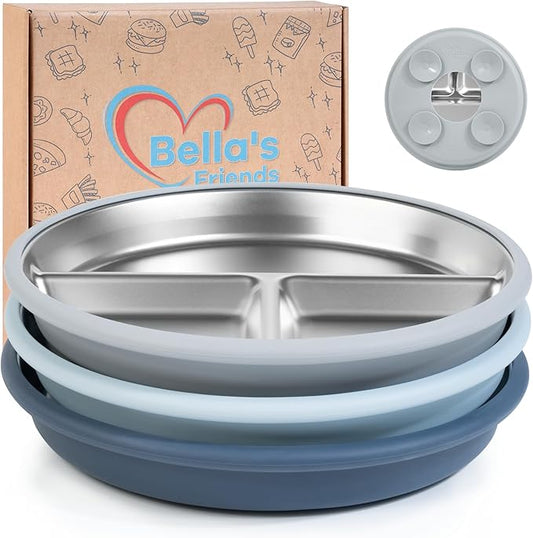 Bella's Friends Stainless Steel Kids Plates 8" Suction Plate for Baby,3 Packs Non-Toxic Divided Toddler Plates,Food-Grade Silicone Plate for Baby,Dishwasher Safe,grey,blue,dark blue