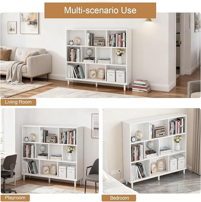 10 Cube Storage Organizer |Wide Bookshelf|3 Shelf Bookcase |Library Bookcase -Cubic Storage Cabinet（Storing Books,Toys & More Easy to Install）