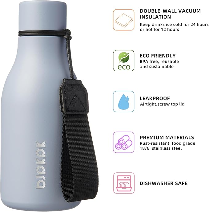 BJPKPK Insulated Water Bottles, 12oz Stainless Steel Metal Water Bottle with Strap, BPA Free Leak Proof Thermos, Mugs, Flasks, Reusable Water Bottle for Sports & Travel, Mist Grey