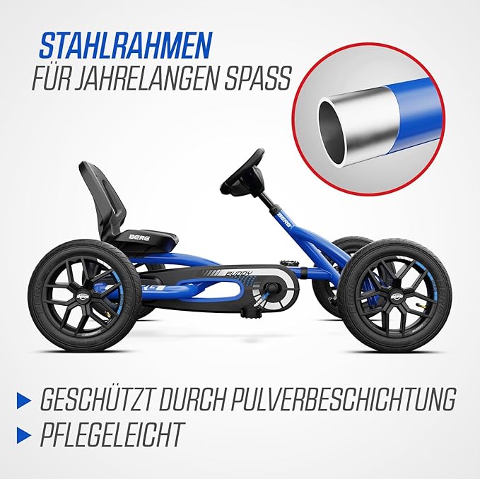 Berg Toys Buddy Blue Pedal Go Kart for Kids– Adjustable Ride On Toy for Ages 4-8 – Go Karts with BFR System and Adults Outdoor Pedal Car for Kids