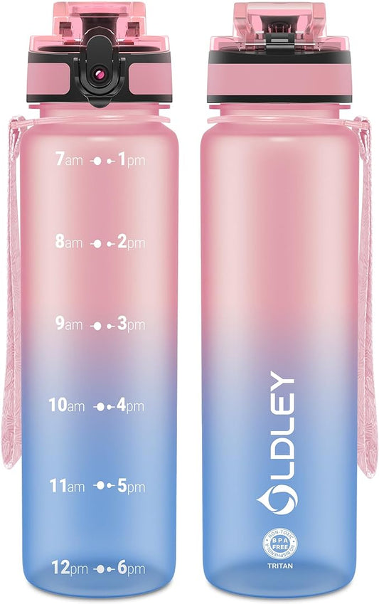 OLDLEY 32 oz Water Bottle, Motivational Water Bottle with Time Marker, Sports Water Bottle With Strap, Leakproof & BPA Free Large Water Bottles for School, Gym, Travel, Outdoor, Tritan,Pink&Blue
