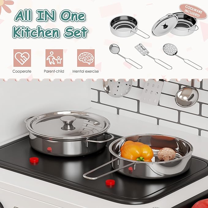 DlandHome Kids Kitchen Playset, Pretend Kitchen Playset with Real Lights & Sounds, Chef Pretend Play Set with Refrigerator, Microwave, Oven, Ideal Toy Gift for Toddlers and Kids Ages 3+